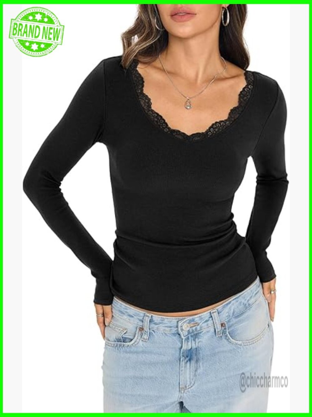 Womens Cotton Ribbed Long Sleeve Lace V Neck T Shirt Fitted Going Out Top